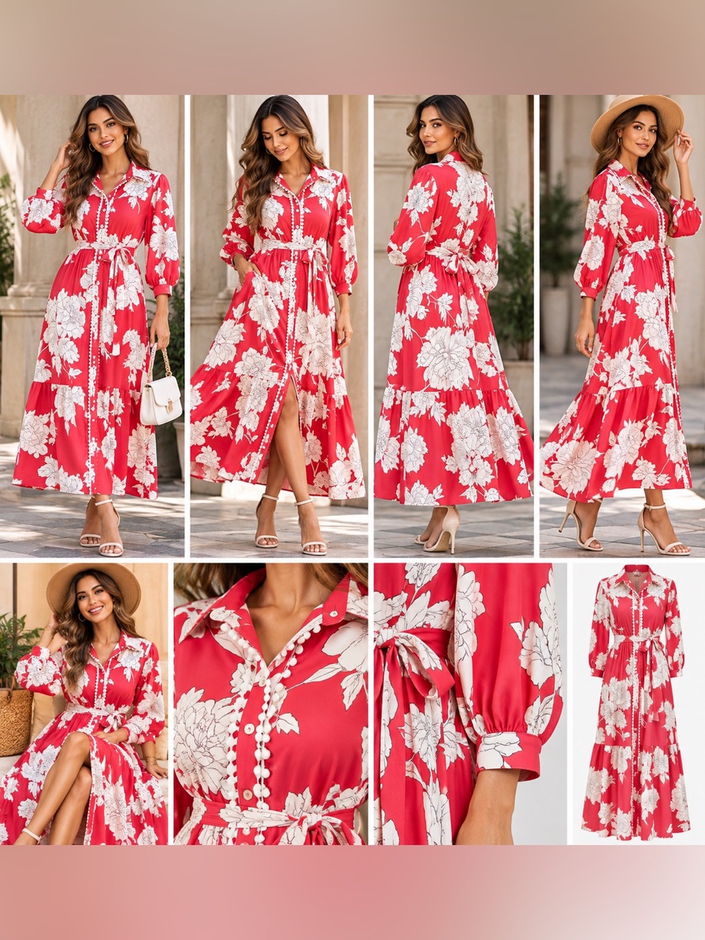 Wenrine Red White Floral Button Front Maxi Dress Tie Waist NWT M